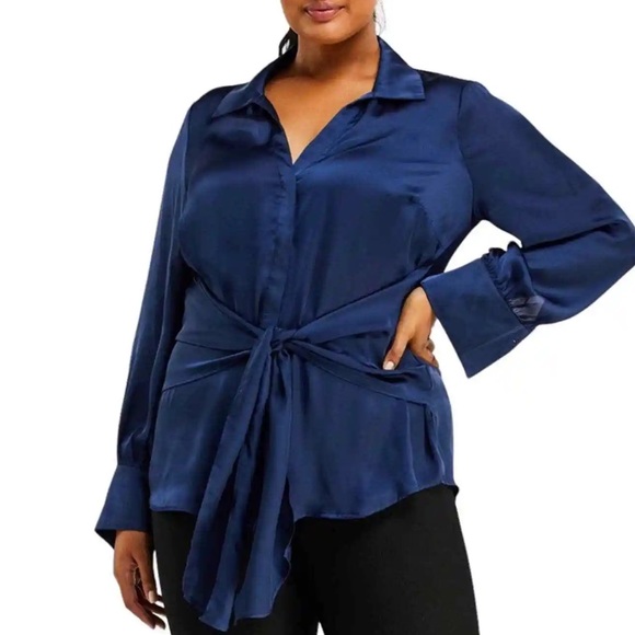 NWT Estelle Ryder Wrap Shirt 3X Navy Blue Long Sleeve Button Down Satin 20W - Picture 2 of 13